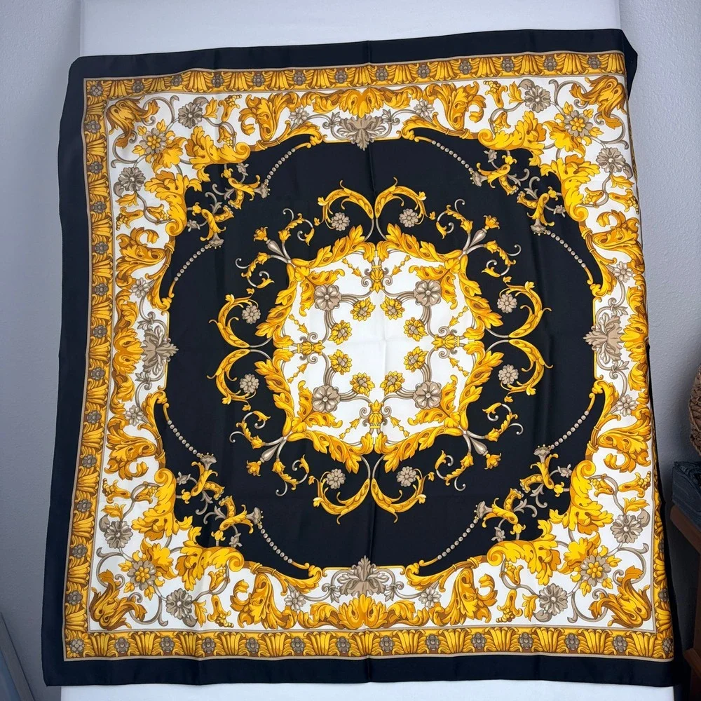 Italian Baroque Filigree Square Scarf 34x34 Black Gold White
